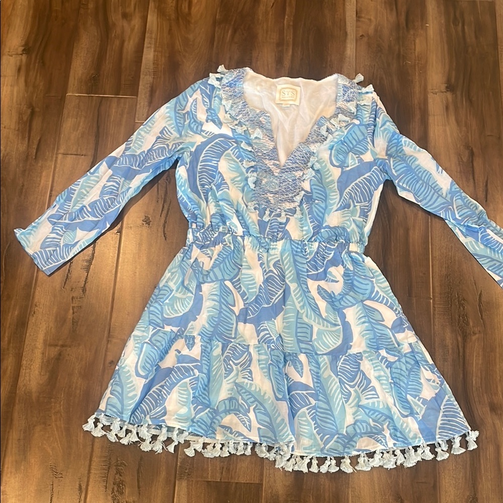 Blue and White Leaf Print Dress